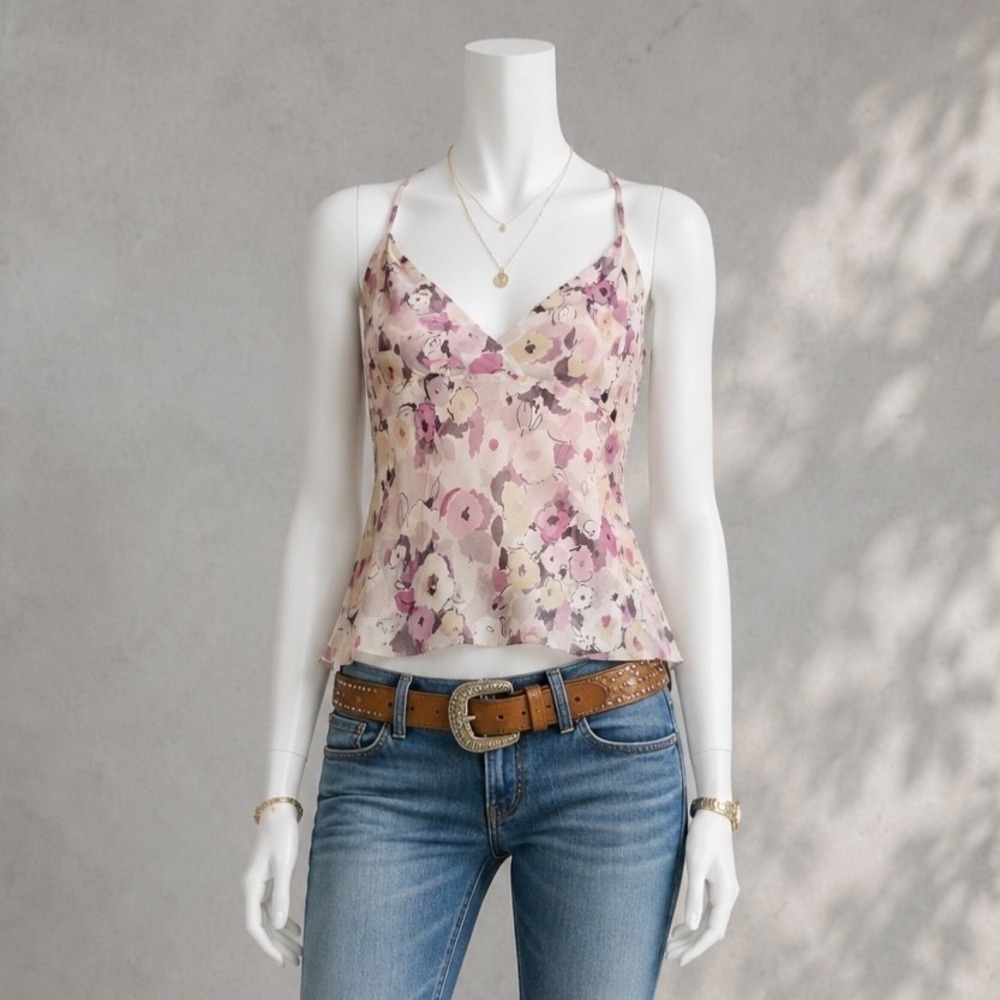 Vintage Y2K Silk Cami Top 14 Pink Purple Floral Fairy Boho  Empire Waist Express